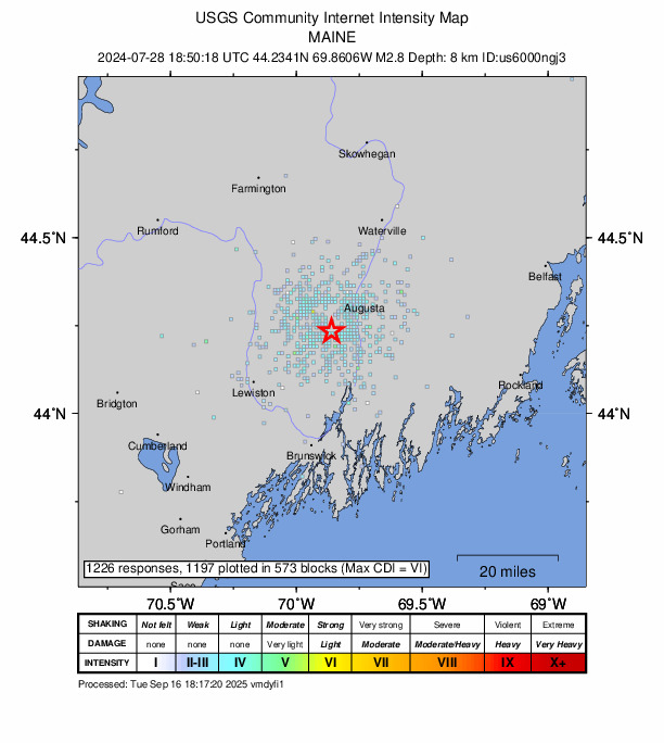 USGS DYFI community-reported intensity map for the M2.8 earthquake near 6 km W of Gardiner, Maine