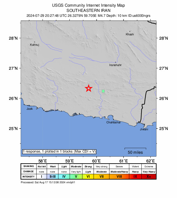 USGS DYFI community-reported intensity map for the M4.7 earthquake near 31 km SSE of Fannūj, Iran