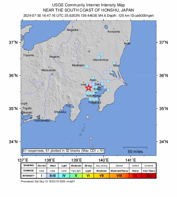 USGS DYFI community-reported intensity map for the M4.6 earthquake near 3 km SW of Tama, Japan