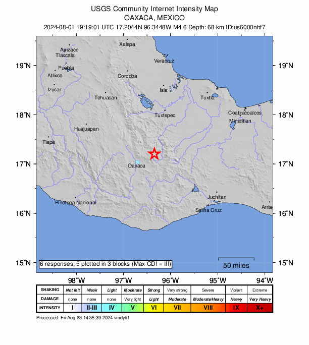 USGS DYFI community-reported intensity map for the M4.6 earthquake near 9 km W of Xagacía, Mexico