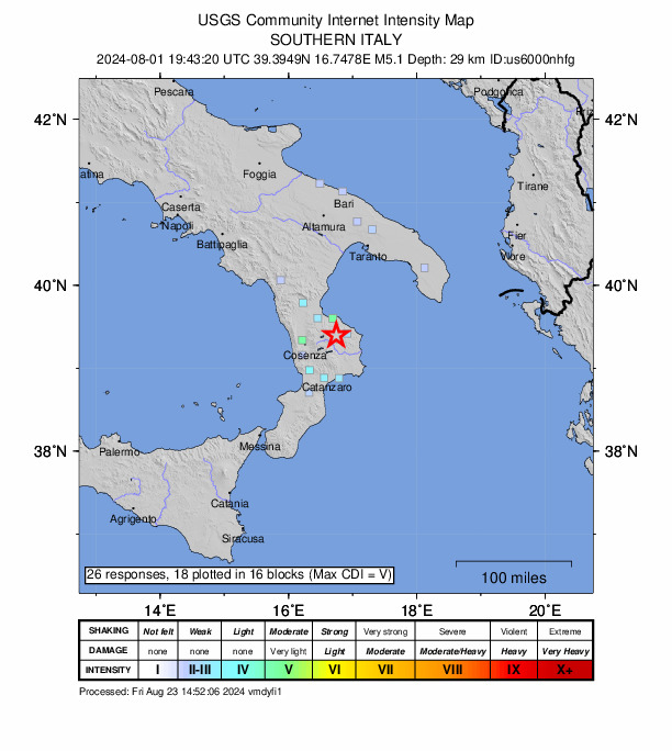 USGS DYFI community-reported intensity map for the M5.1 earthquake near 2 km S of Bocchigliero, Italy