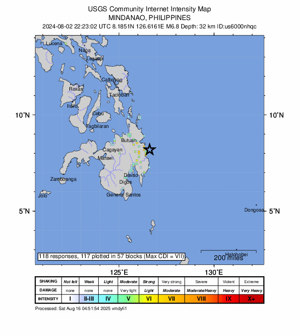 USGS DYFI community-reported intensity map for the M6.8 earthquake near 20 km E of Barcelona, Philippines