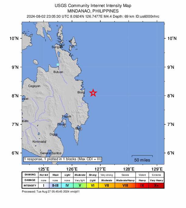 USGS DYFI community-reported intensity map for the M4.4 earthquake near 35 km ENE of Santa Maria, Philippines
