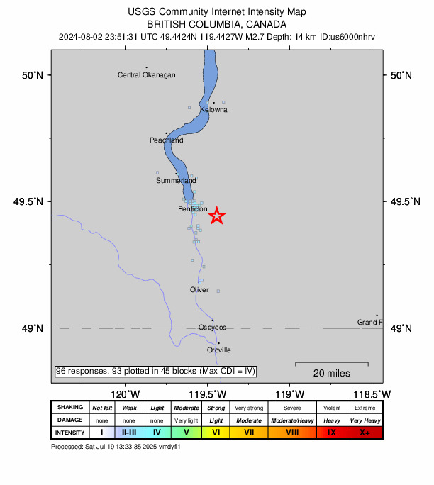 USGS DYFI community-reported intensity map for the M2.7 earthquake near 11 km ESE of Penticton, Canada