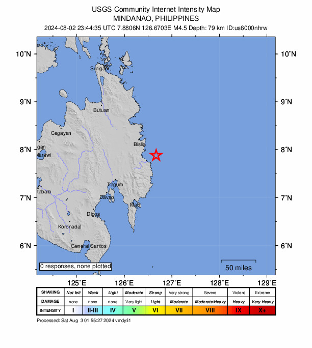 USGS DYFI community-reported intensity map for the M4.4 earthquake near 19 km NE of Taytayan, Philippines