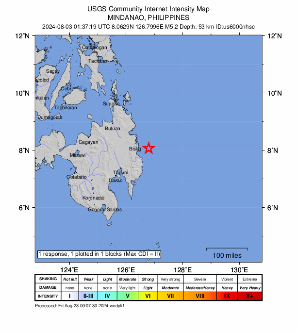 USGS DYFI community-reported intensity map for the M5.2 earthquake near 39 km ENE of Santa Maria, Philippines
