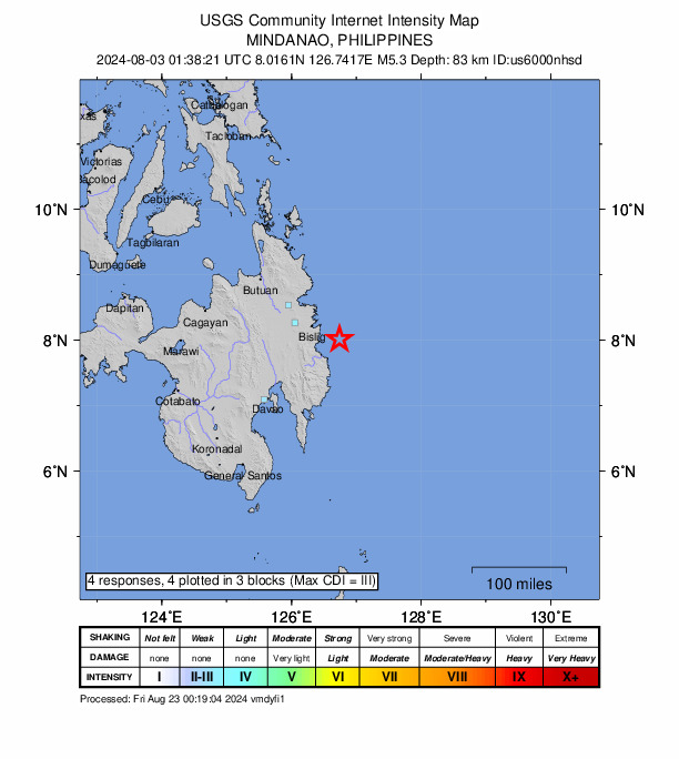 USGS DYFI community-reported intensity map for the M5.3 earthquake near 32 km E of Santa Maria, Philippines