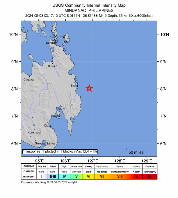 USGS DYFI community-reported intensity map for the M4.9 earthquake near 47 km E of Santa Maria, Philippines