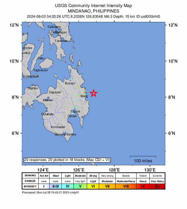 USGS DYFI community-reported intensity map for the M6.3 earthquake near 44 km E of Barcelona, Philippines