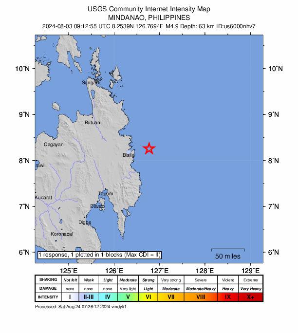 USGS DYFI community-reported intensity map for the M4.9 earthquake near 38 km ENE of Barcelona, Philippines
