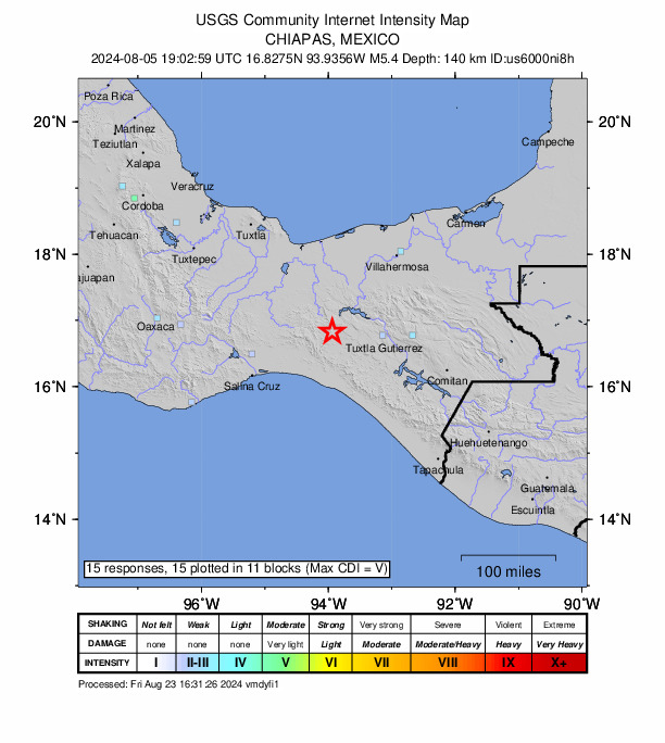 USGS DYFI community-reported intensity map for the M5.4 earthquake near 17 km NW of Emiliano Zapata, Mexico