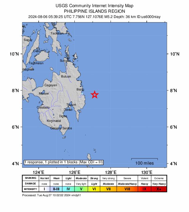 USGS DYFI community-reported intensity map for the M5.2 earthquake near 62 km E of Kinablangan, Philippines