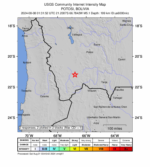 USGS DYFI community-reported intensity map for the M5.1 earthquake near 65 km WSW of Atocha, Bolivia