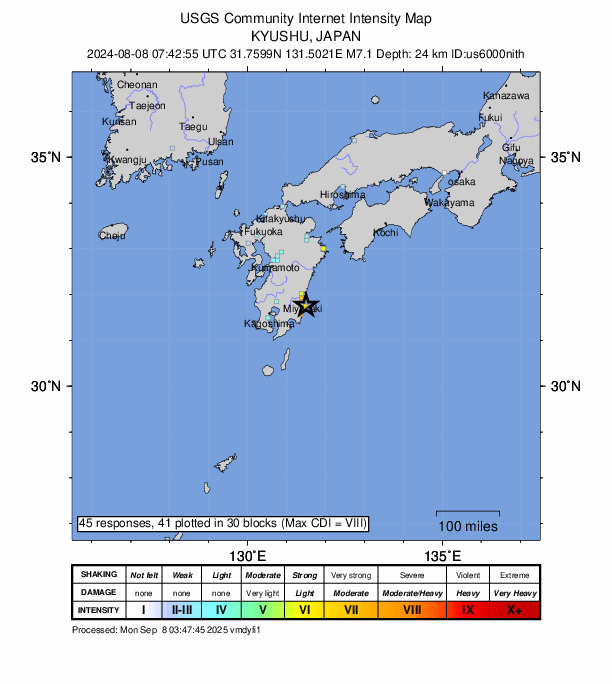 USGS DYFI community-reported intensity map for the M7.1 earthquake near 2024 Hyuganada Sea, Japan Earthquake