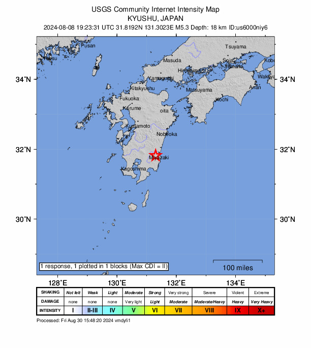 USGS DYFI community-reported intensity map for the M5.3 earthquake near 15 km SW of Miyazaki, Japan