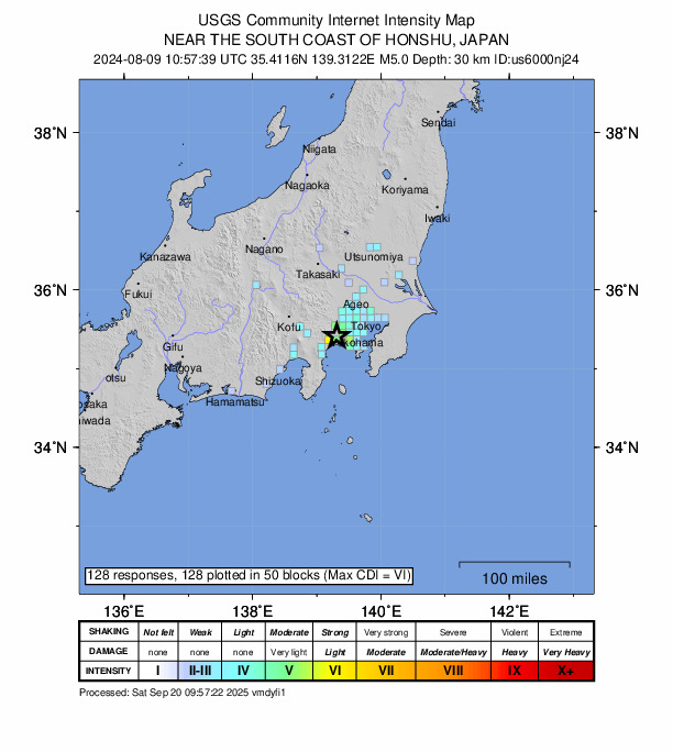 USGS DYFI community-reported intensity map for the M5.0 earthquake near 1 km N of Isehara, Japan