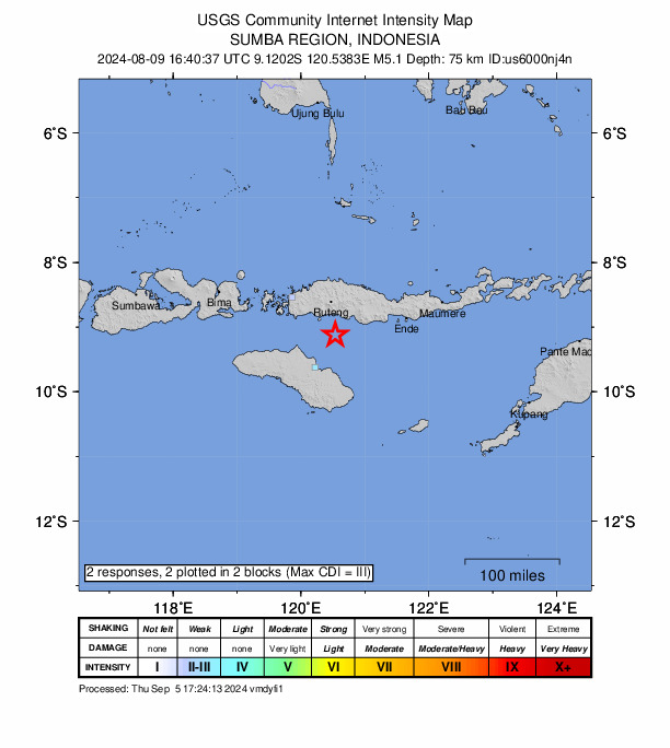 USGS DYFI community-reported intensity map for the M5.1 earthquake near 56 km S of Ruteng, Indonesia