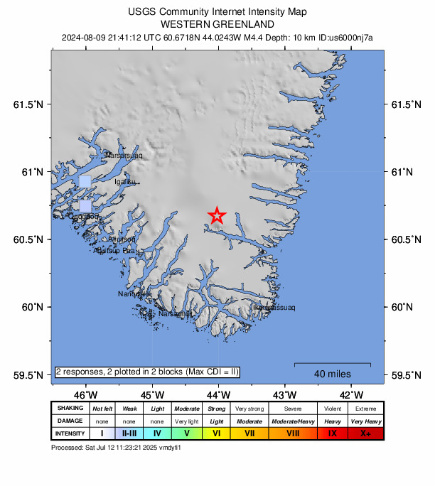 USGS DYFI community-reported intensity map for the M4.4 earthquake near 89 km NE of Nanortalik, Greenland