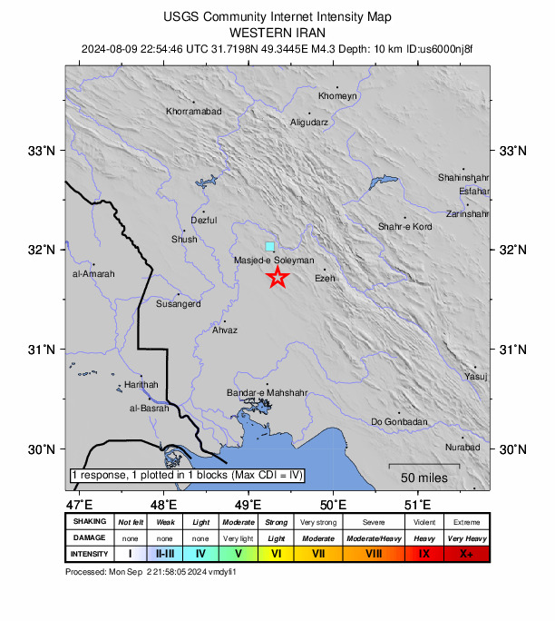 USGS DYFI community-reported intensity map for the M4.3 earthquake near 24 km S of Masjed Soleymān, Iran