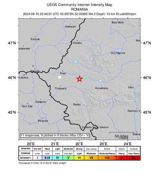 USGS DYFI community-reported intensity map for the M4.3 earthquake near 5 km NNE of Ohaba Lungă, Romania