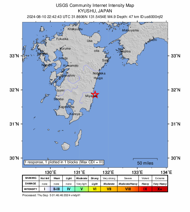 USGS DYFI community-reported intensity map for the M4.9 earthquake near 13 km ESE of Miyazaki, Japan