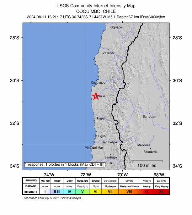 USGS DYFI community-reported intensity map for the M4.8 earthquake near 35 km WSW of Ovalle, Chile