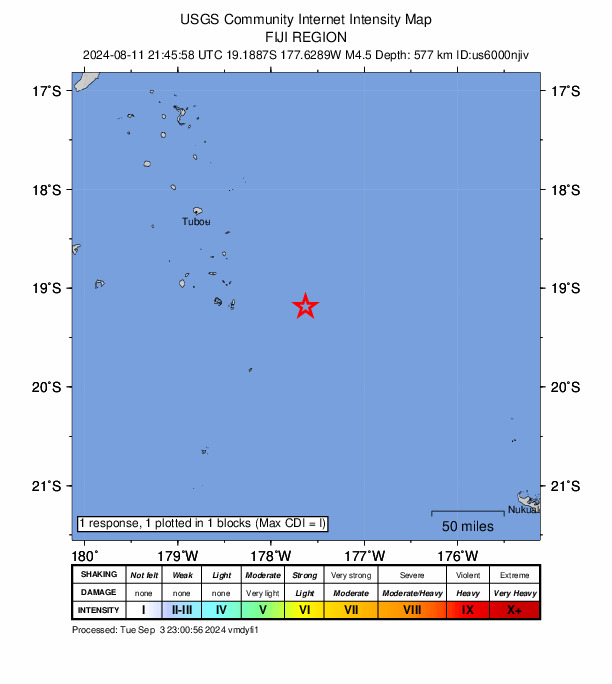 USGS DYFI community-reported intensity map for the M4.5 earthquake near Fiji region
