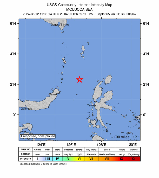 USGS DYFI community-reported intensity map for the M5.0 earthquake near 181 km WNW of Tobelo, Indonesia
