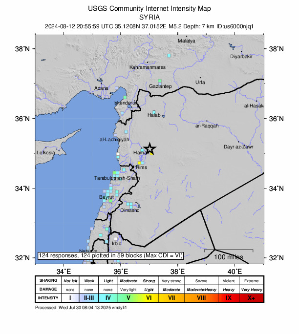 USGS DYFI community-reported intensity map for the M5.2 earthquake near 12 km NNW of As Salamīyah, Syria