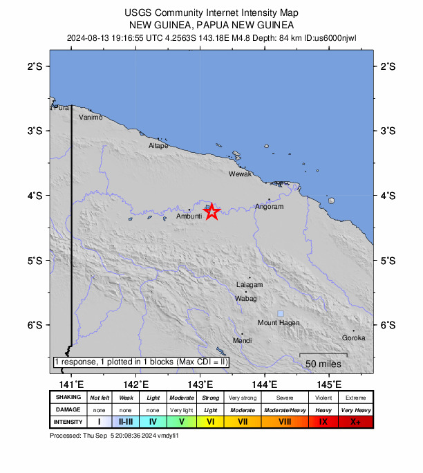 USGS DYFI community-reported intensity map for the M4.8 earthquake near 40 km E of Ambunti, Papua New Guinea