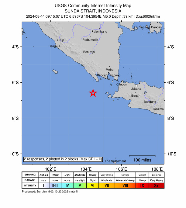 USGS DYFI community-reported intensity map for the M5.0 earthquake near 160 km W of Labuan, Indonesia