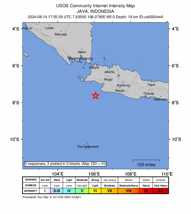 USGS DYFI community-reported intensity map for the M5.0 earthquake near 88 km SW of Pelabuhanratu, Indonesia