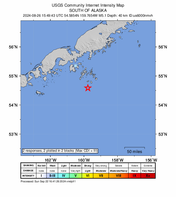 USGS DYFI community-reported intensity map for the M5.1 earthquake near 95 km SSE of Sand Point, Alaska