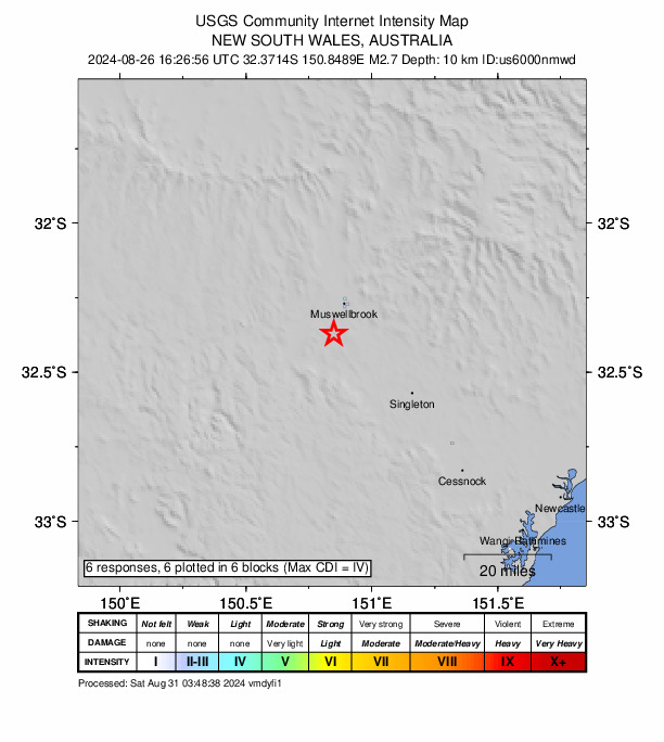 USGS DYFI community-reported intensity map for the M2.7 earthquake near 12 km SSW of Muswellbrook, Australia