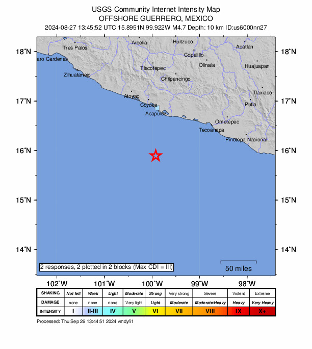 USGS DYFI community-reported intensity map for the M4.7 earthquake near 98 km SSW of San Andrés Playa Encantada (El Podrido), Mexico