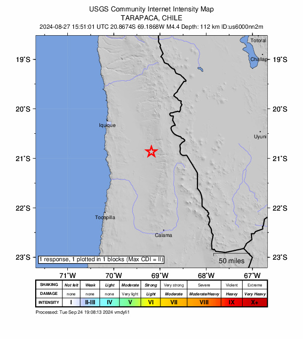 USGS DYFI community-reported intensity map for the M4.4 earthquake near 76 km SE of La Tirana, Chile