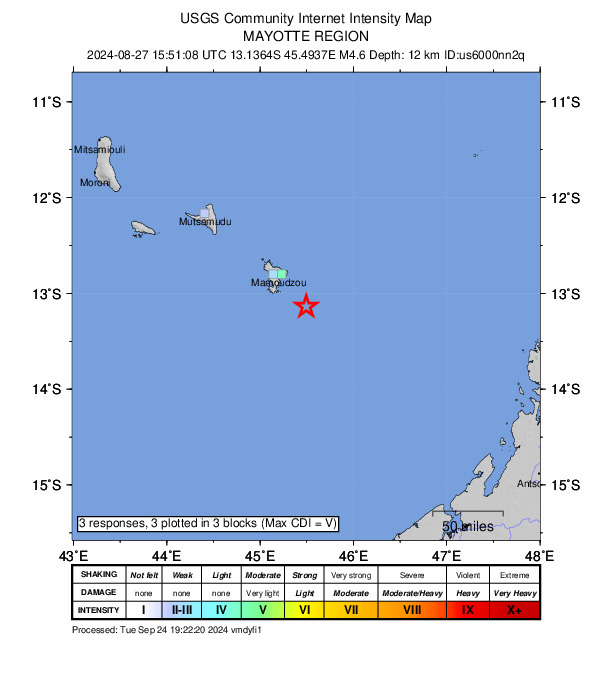 USGS DYFI community-reported intensity map for the M4.6 earthquake near 40 km SE of Bandrélé, Mayotte