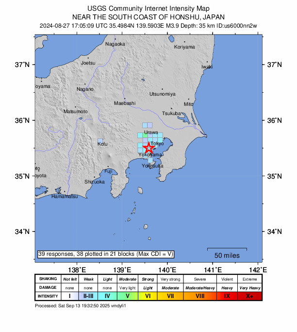 USGS DYFI community-reported intensity map for the M3.9 earthquake near 9 km NW of Yokohama, Japan