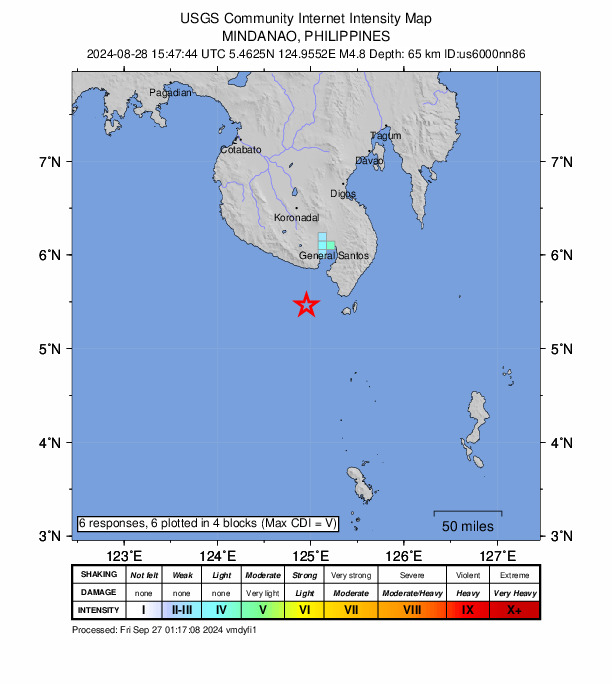 USGS DYFI community-reported intensity map for the M4.8 earthquake near 43 km SW of Burias, Philippines