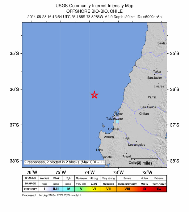 USGS DYFI community-reported intensity map for the M4.6 earthquake near 87 km NW of Talcahuano, Chile