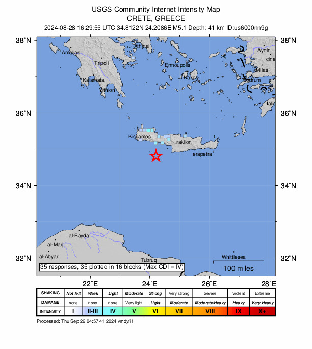 USGS DYFI community-reported intensity map for the M5.1 earthquake near 13 km NE of Kastrí, Greece