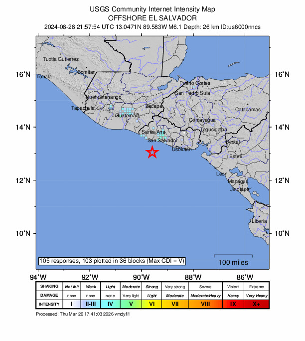 USGS DYFI community-reported intensity map for the M6.1 earthquake near 56 km SSW of La Libertad, El Salvador