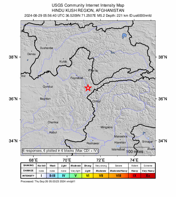 USGS DYFI community-reported intensity map for the M5.2 earthquake near 31 km SW of Ashkāsham, Afghanistan
