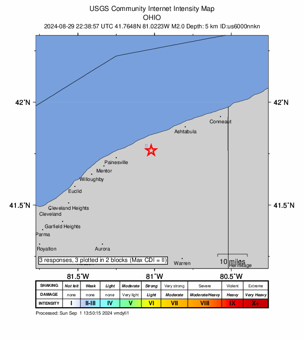 USGS DYFI community-reported intensity map for the M2.0 earthquake near 2 km ESE of Madison, Ohio