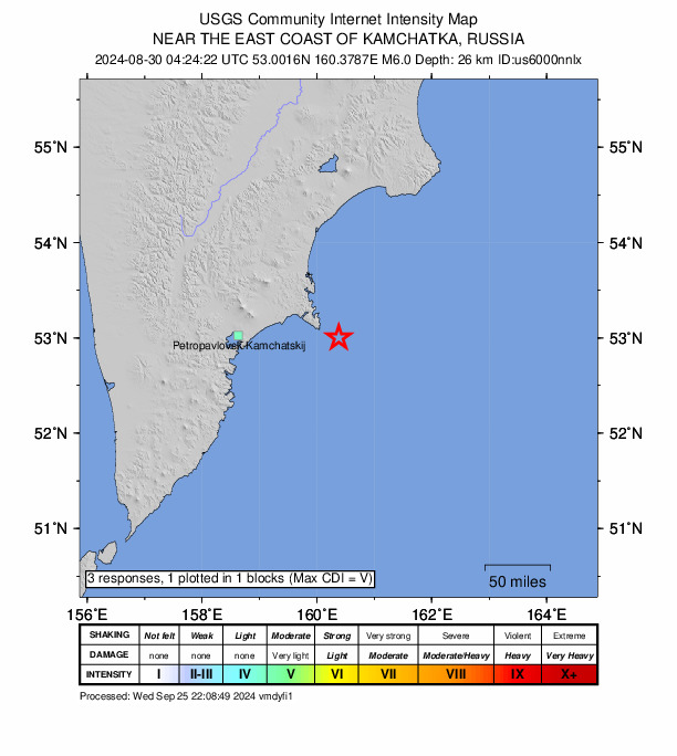 USGS DYFI community-reported intensity map for the M6.0 earthquake near 117 km E of Petropavlovsk-Kamchatsky, Russia