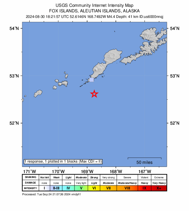 USGS DYFI community-reported intensity map for the M4.4 earthquake near 36 km SSE of Nikolski, Alaska