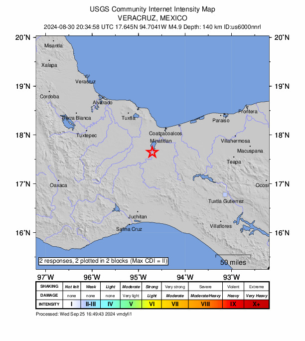USGS DYFI community-reported intensity map for the M4.9 earthquake near 2 km SSW of Venustiano Carranza (Peña Blanca), Mexico