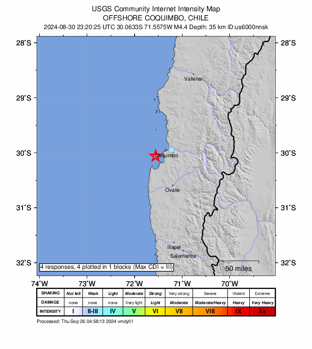 USGS DYFI community-reported intensity map for the M4.2 earthquake near 26 km WSW of Coquimbo, Chile