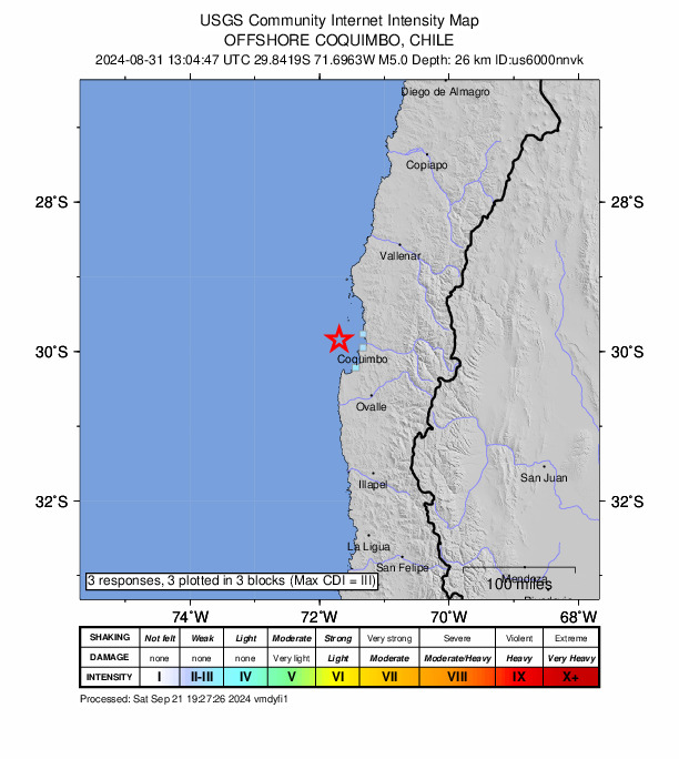 USGS DYFI community-reported intensity map for the M5.0 earthquake near 33 km WNW of Coquimbo, Chile