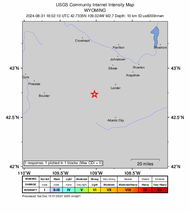 USGS DYFI community-reported intensity map for the M2.7 earthquake near 26 km WSW of Lander, Wyoming